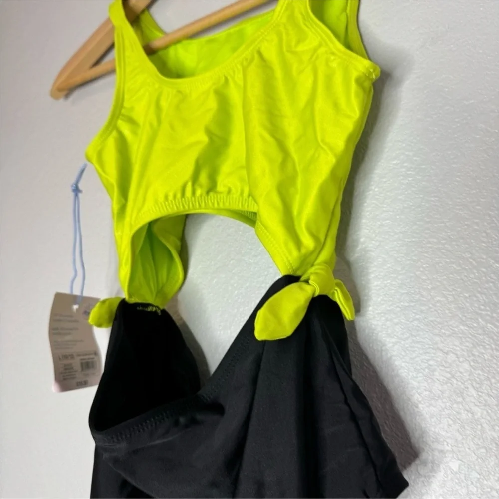 New Girl’s Swimsuit, “More Than Magic” Cutout OnePiece, Size L (10/12), Lime&Blk
